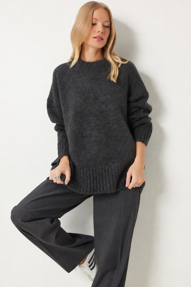 Soft Textured Oversize Knitwear Sweater Anthracite Lpf0063
