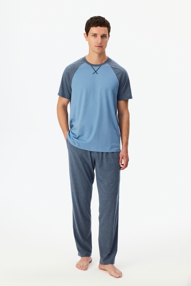 Men's Tailored Blue Trousers Short Sleeve Pajama Set