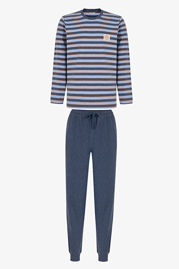 Men's Blue Weekend Striped Long Sleeve Jogger Pajama Set