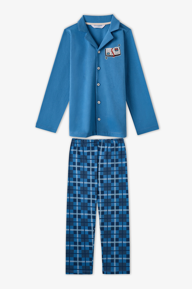 Boy's Blue Book Lovers Plaid Cotton Buttoned Long Sleeve Shirt Pants Pajama Set