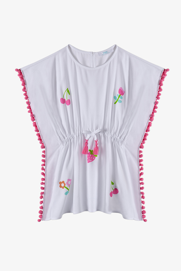 Girl's White Fruit Patterned Pompom Kaftan