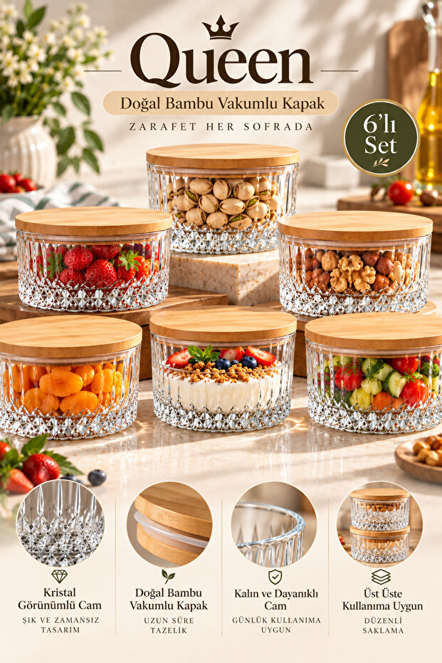 Queen - Set of 6, Bamboo Vacuum Lid Glass Breakfast Snack Bowls 260 ml