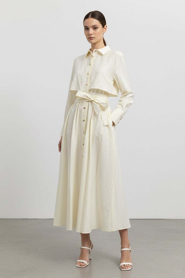 Women's Shirt Collar Buttoned Waist-Tied Long Dress-32454 Beige
