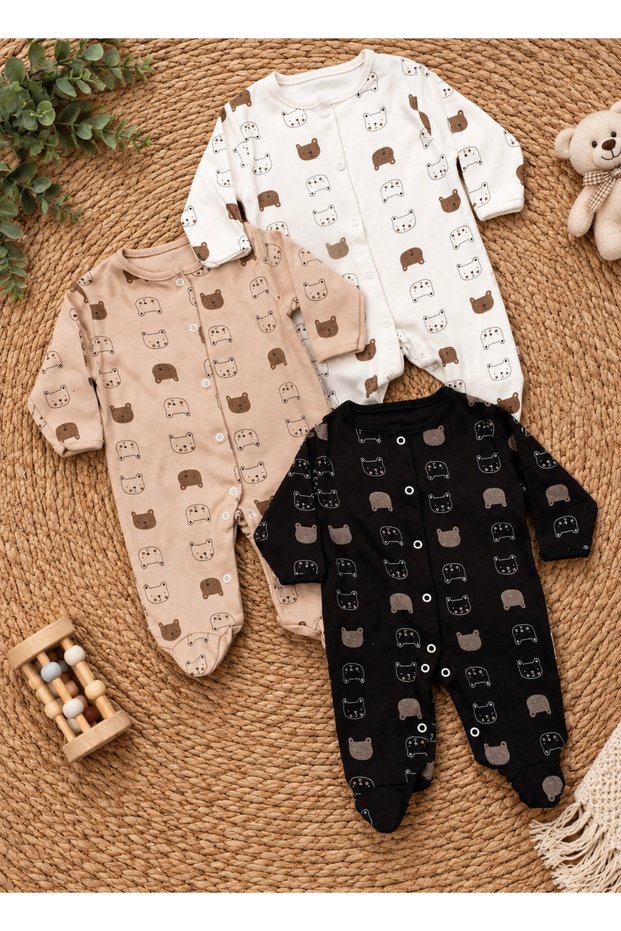 Baby Boy Outfit Animal Patterned 3-Piece Jumpsuit Set with Booties Cotton 0-3-6-9 Months