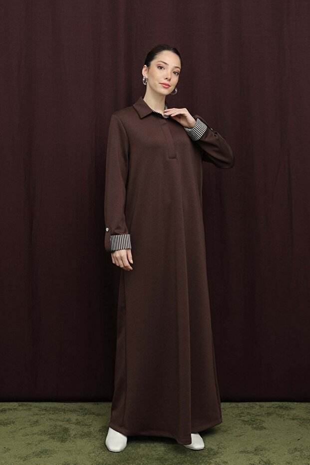 Women's Polo Collar Dress with Hidden Placket - 12652Elb Brown