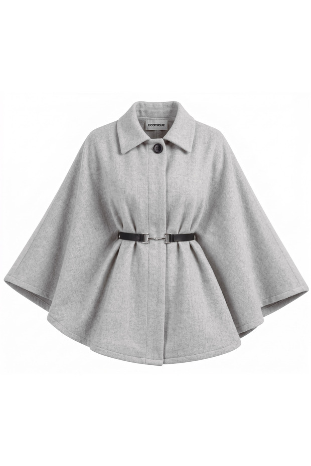 Women's Gray Poncho Cape with Belt and Textured Cashmere Coat