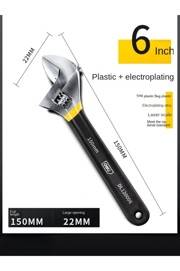 Deli DL120006 DELI Adjustable Wrench Universal Spanner Dip Plastic Carbon Steel Mechanical Workshop