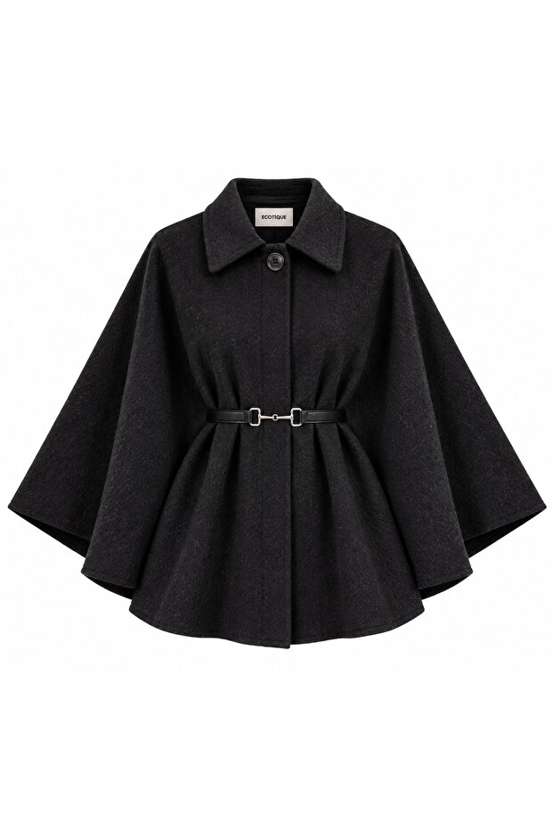 Women's Black Poncho Cape with Belt and Textured Cashmere Coat