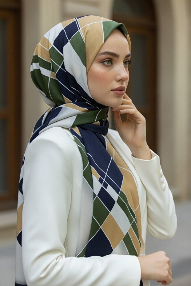 Crepe Geometric Patterned Khaki Color 75X195 Non-Shedding Shawl