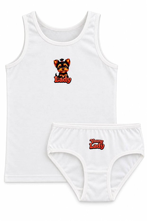 Cute Lady Dog Printed Girls' 2-Piece Undershirt Panties Set Cotton Ecru 2 Piece Underwear Set Gift Children's Undershirt Panties Set Ful-2Tkm-12-E