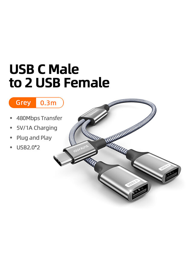 gray-0.3m SUNKANDI USB Male to 2 Dual USB Female Jack Y Splitter Hub Power Cord Extension Adapter Ca