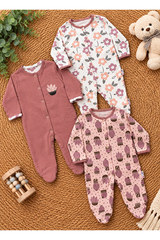 Baby Girl Outfit Cactus Flower Patterned 100% Cotton 3-Piece Seasonal Jumpsuit Set with Booties 0-3-6-9 Months