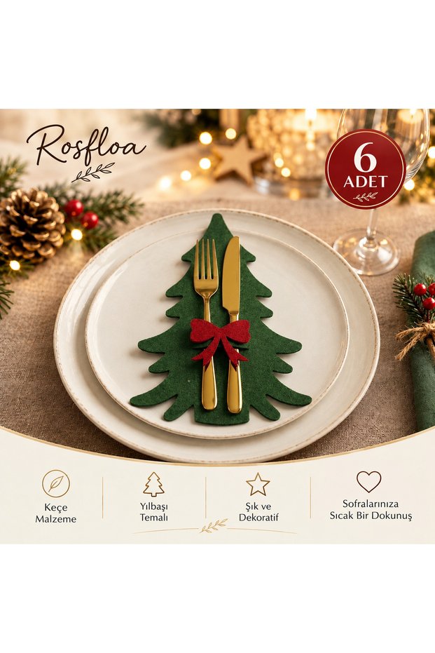 6 Pieces Decorative Pine Tree Felt Napkin Holder & Cutlery Holder with Bows – Christmas Table Decoration & Presentation Accessory