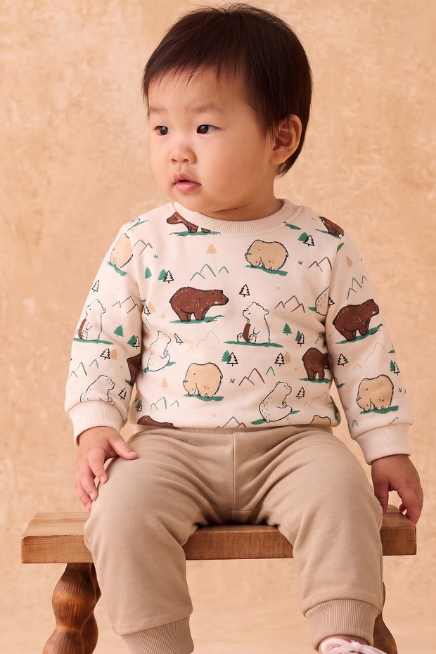 Rocha Baby Mountain and Teddy Bear Patterned 2-Piece Set - Sweatshirt and Pants Set of Cotton