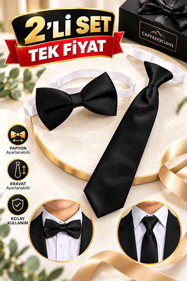 Boys & Girls 1-7 Years Old Elastic Tie & Elastic Bow Tie - Black Color Set of 2 - Unisex