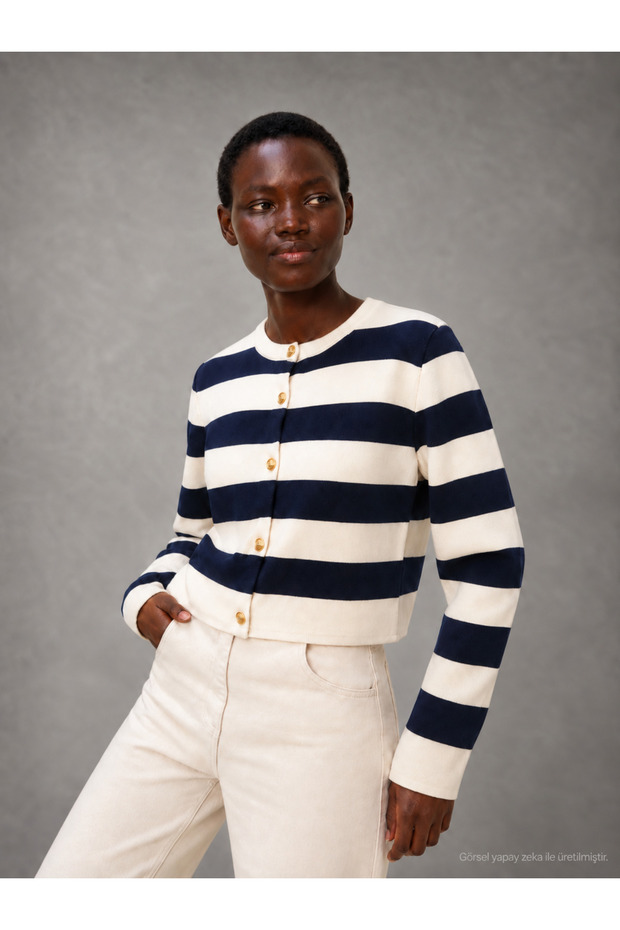 Women's Gold Button Detailed Steel Knitted Striped Cardigan