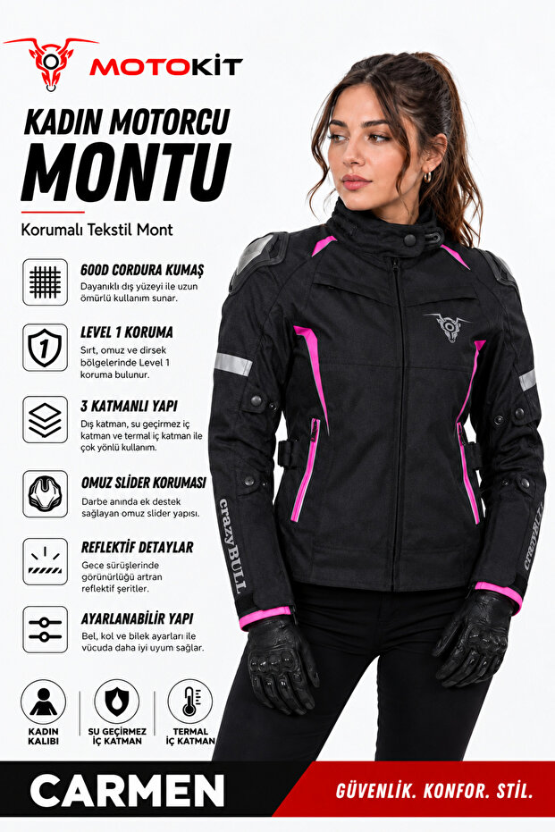 Crazybull Carmen Pink 3-Layer 4-Season Protective Reflective Women's Biker Jacket (Slim Fit, Order One Size Larger)