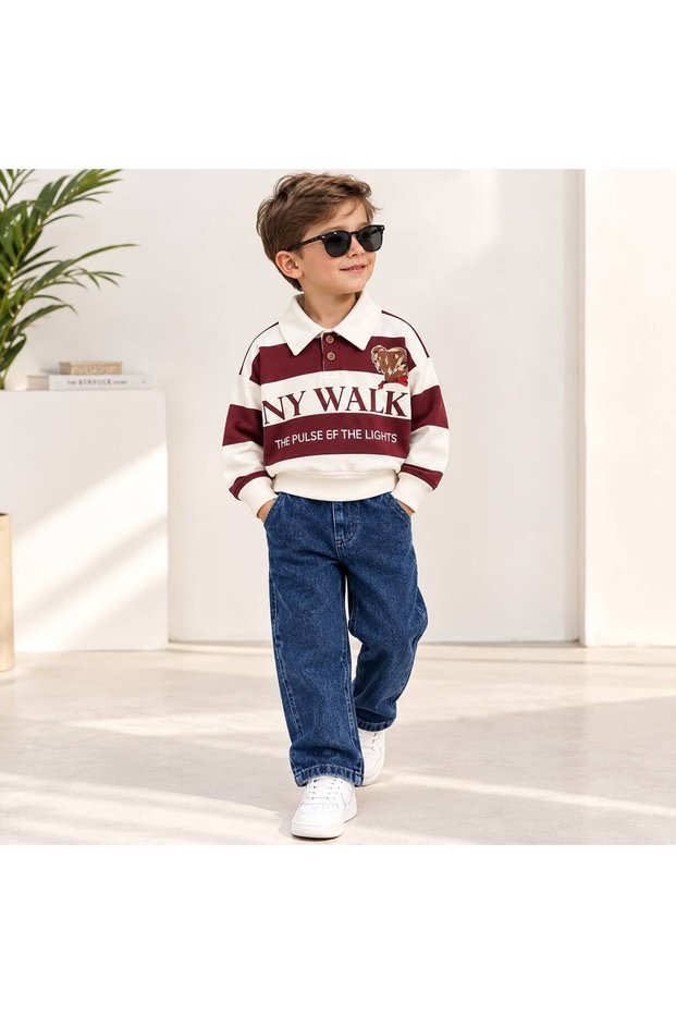 Boy's Polo Collar Striped Printed Sweatshirt and Jean Pants 2-Piece Set