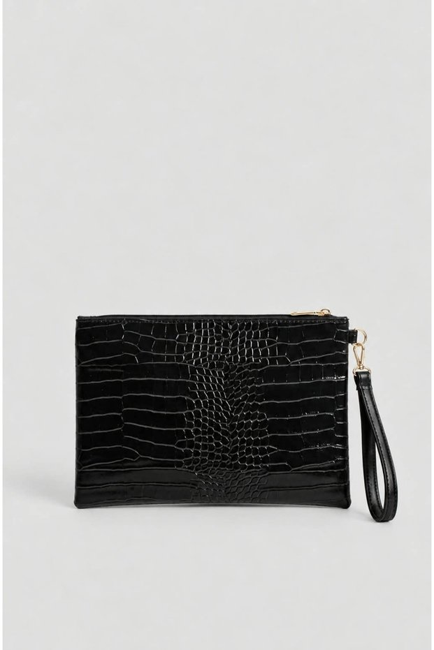 Black Crocodile Patterned Hand Strap Portfolio Clutch Bag 25X19 cm