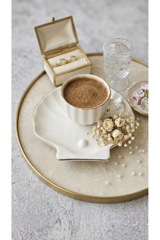 6-Piece Porcelain Turkish Coffee Cup Set – Oyster Patterned Saucer – Real Gold Gilded