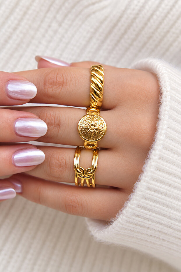 Women's Gold Color Adjustable Steel Ring (3 Pieces)