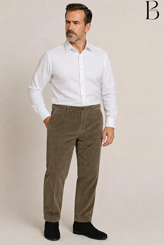 Casual Cut Winter Light Green Men's Velvet Trousers with Fleece Inside