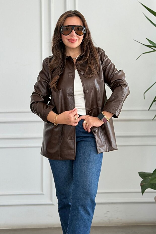 Button-Trimmed Lined Leather Jacket