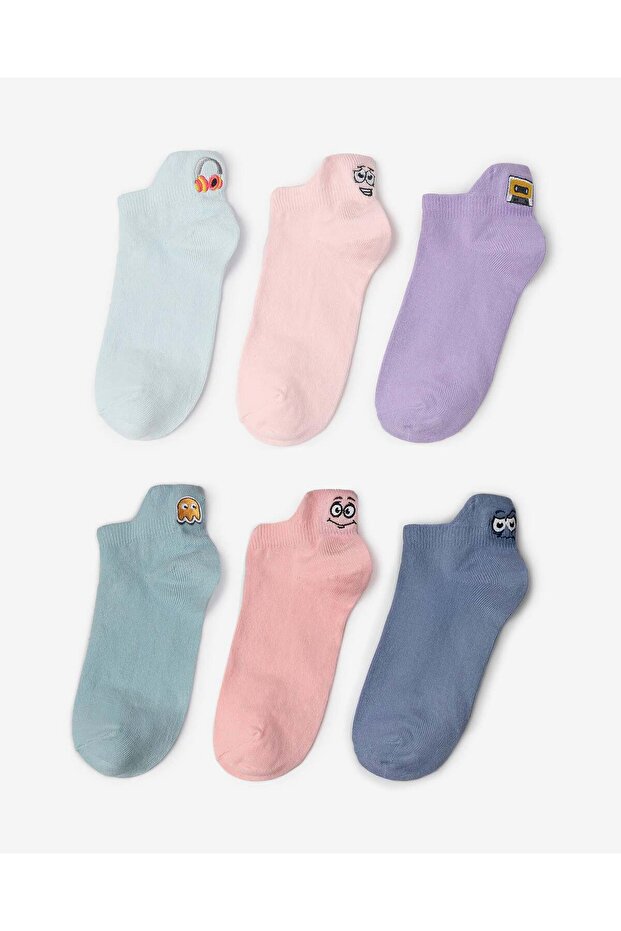 Women's Emoji Embroidered Booties Socks, Pack of 6
