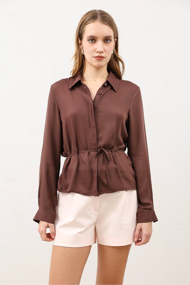 Coffee Color Waist-Tie Women's Shirt