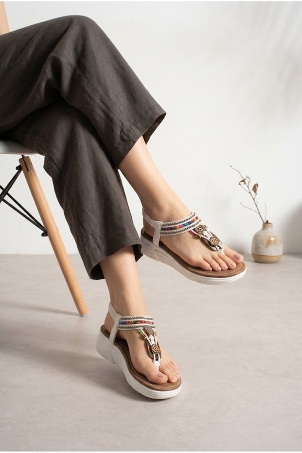 Nexo White Imported Stone and Bead Embroidered Flip-Flop Orthopedic Comfortable Sole Women's Sandals