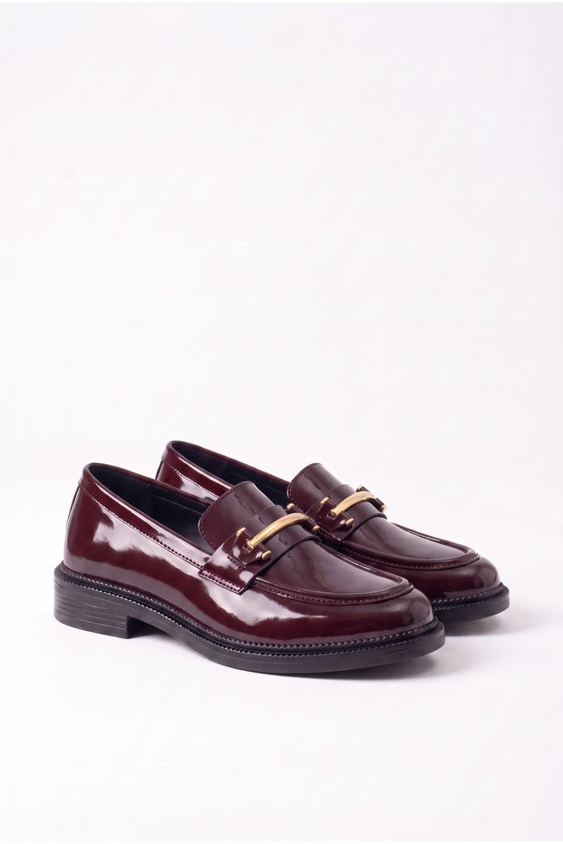 Women's Special Design Elegant Buckle Detailed Burgundy Patent Leather Loafer Shoes