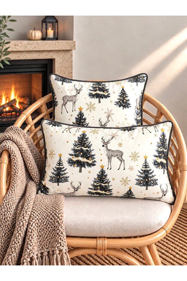 New Year Themed Gazelle Patterned White Gray Throw Pillow Cover New Year's Eve