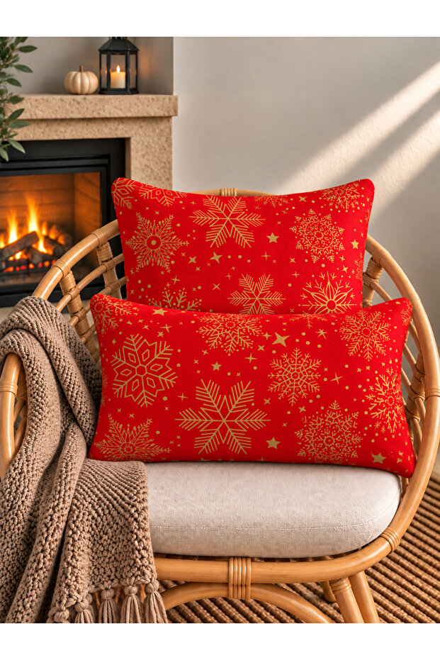 New Year Themed Red Gold Snowflake Patterned Throw Pillow Cover New Year's Eve
