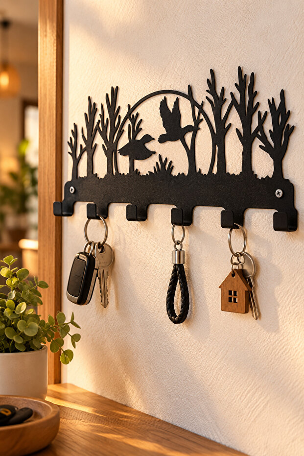 Black Goose and Nature Black Metal Keychain 🦆 Modern Wall Decor Key Holder with Hanger | | Key Hanger Wall Key Holder Decorative Hanger Key Organizer Entrance Hall Decoration Hallway