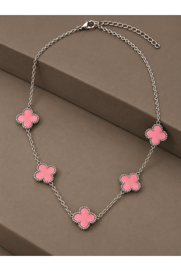 316L Steel Chain Silver Pink Color Clover Women Necklace