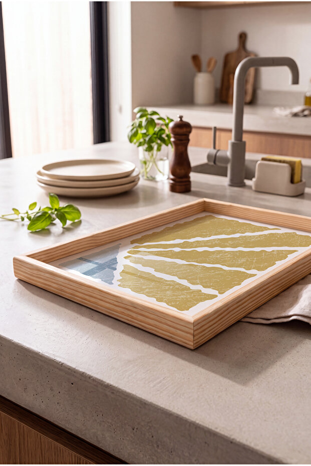 Yellow and Blue Sun Patterned - Rectangular Coffee Presentation, Engagement, and Serving Tray with Natural Wood Frame