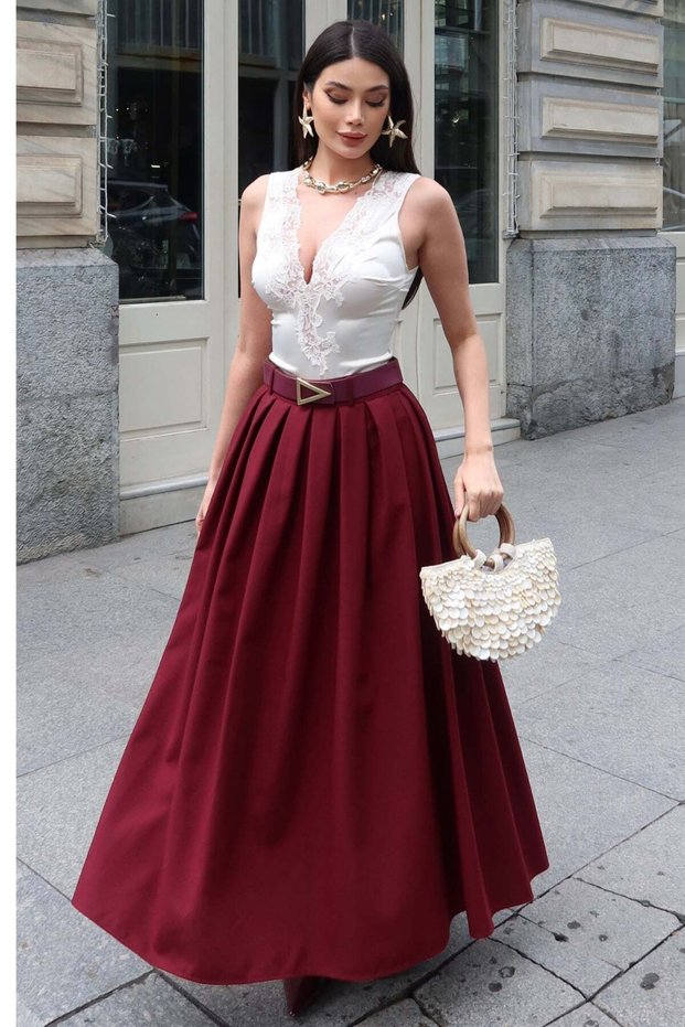 Polyviscon Fabric Belted Skirt — Burgundy