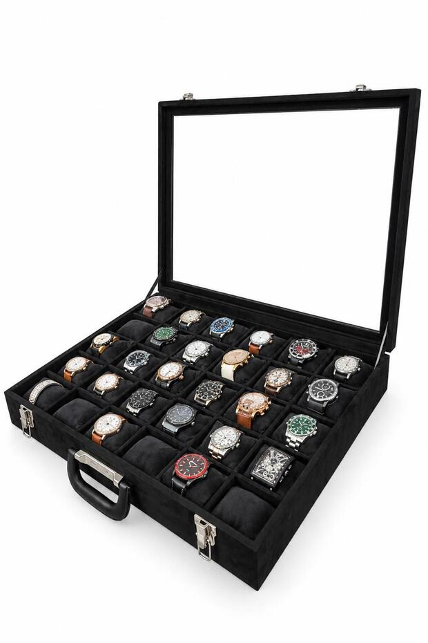 Watch Bag 30 Pieces Black Alcantara with Glass