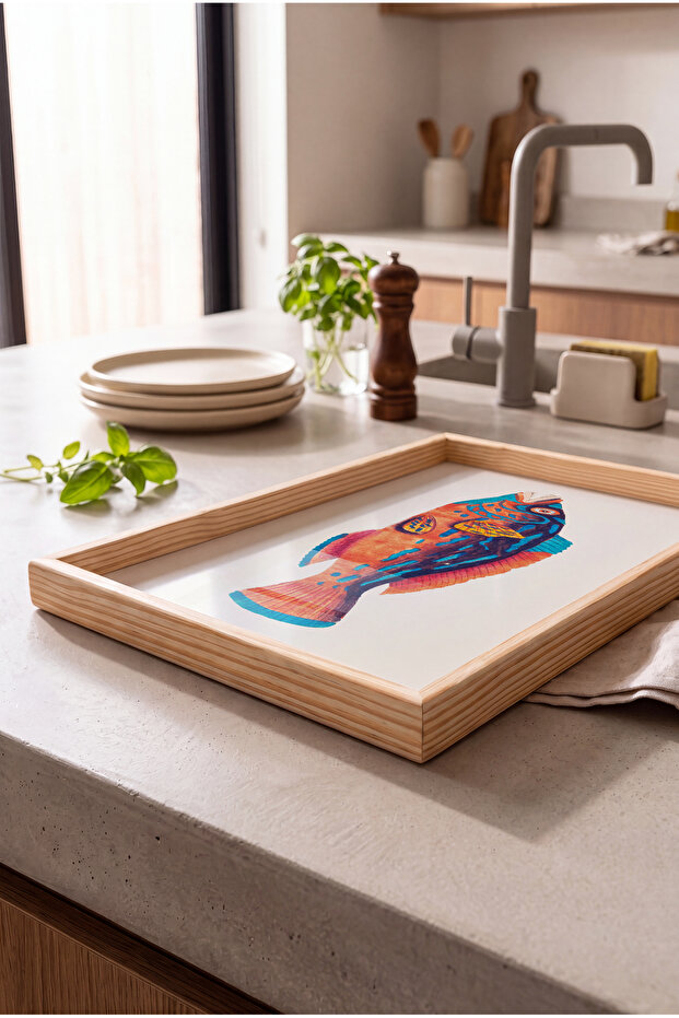 Orange Blue Fish Pattern - Rectangular Coffee Presentation, Engagement, and Serving Tray with Natural Wood Frame