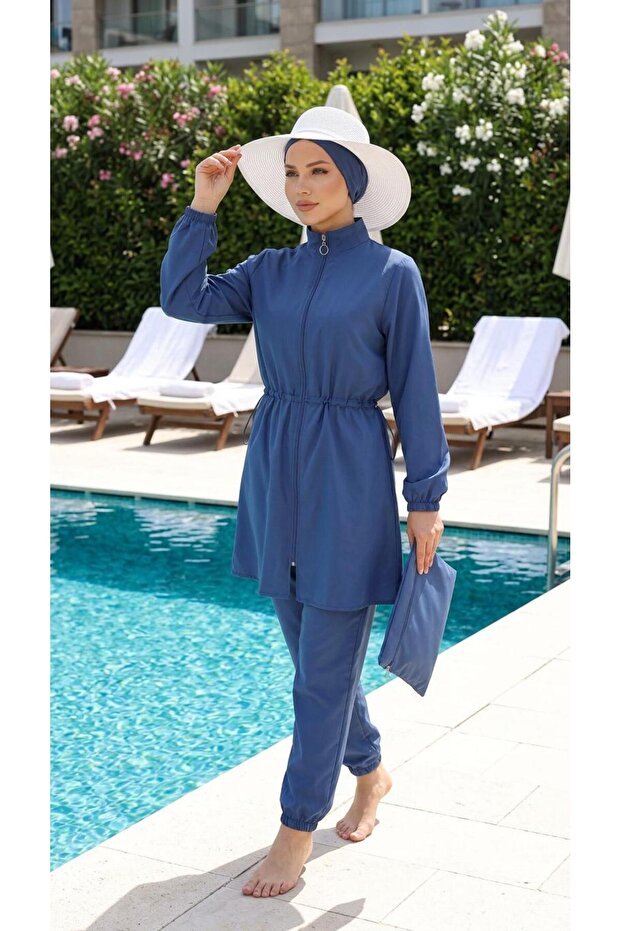 Adjustable Elastic Waistband Fully Covered Hijab Swimsuit 4-Piece Set with Bag and Bonnet Indigo