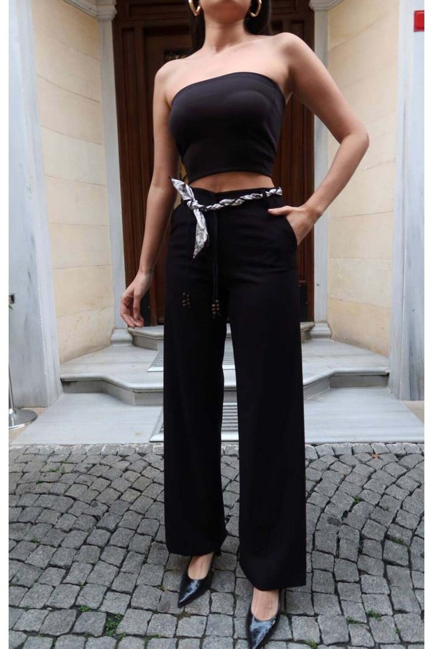 Polyviscon Fabric Belted Trousers — Black