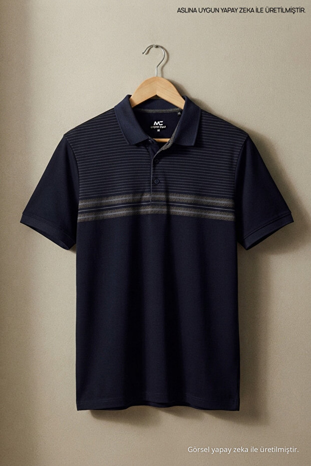 Men's Short Sleeve Striped Summer Navy Polo Neck T-Shirt