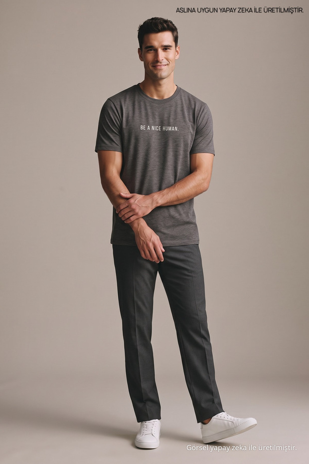 Dark Gray Men's Be a Nice Human Printed Crew Neck Loose Fit T-Shirt