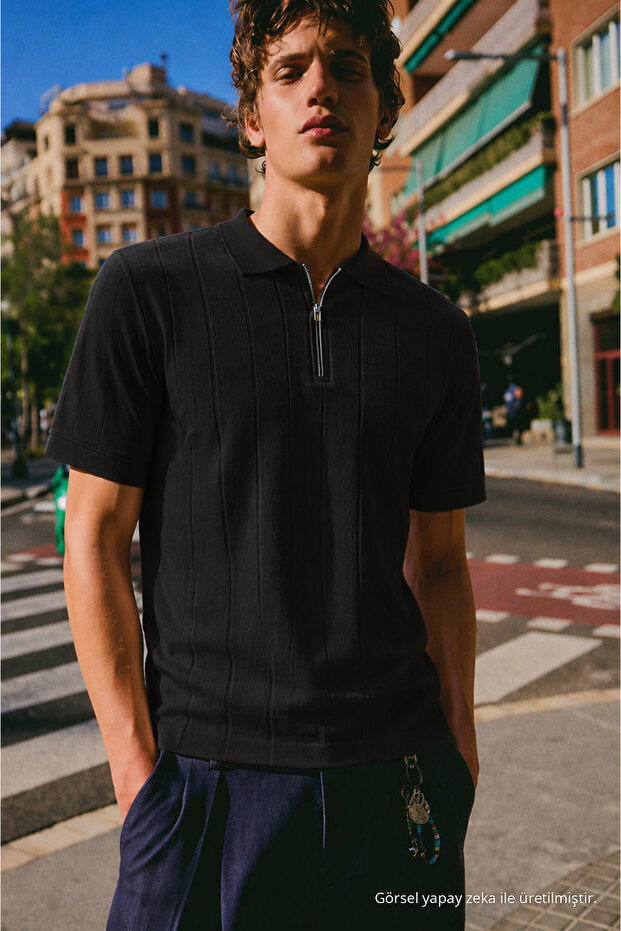 Men's Striped Zippered Trendy Black Polo Collar t Shirt