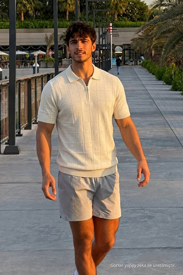 Men's Patterned Casual Knitwear Beige Polo Neck t Shirt