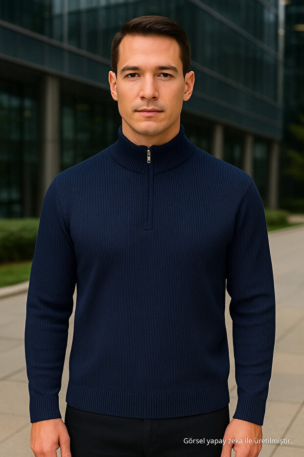 Men's High Neck Zippered Navy Blue Sweatshirt Knitwear Sweater
