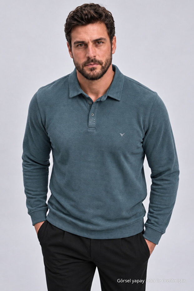Men's Plus Size Long Sleeve Petrol Polo Neck T-Shirt