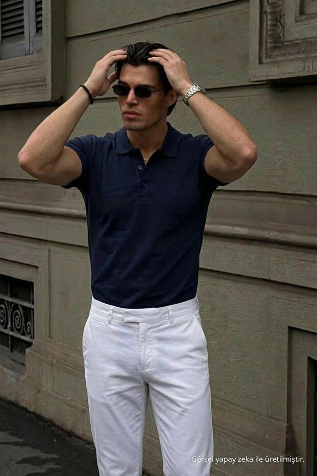 Men's Relax Fit Embroidered Navy Blue Polo Neck t Shirt