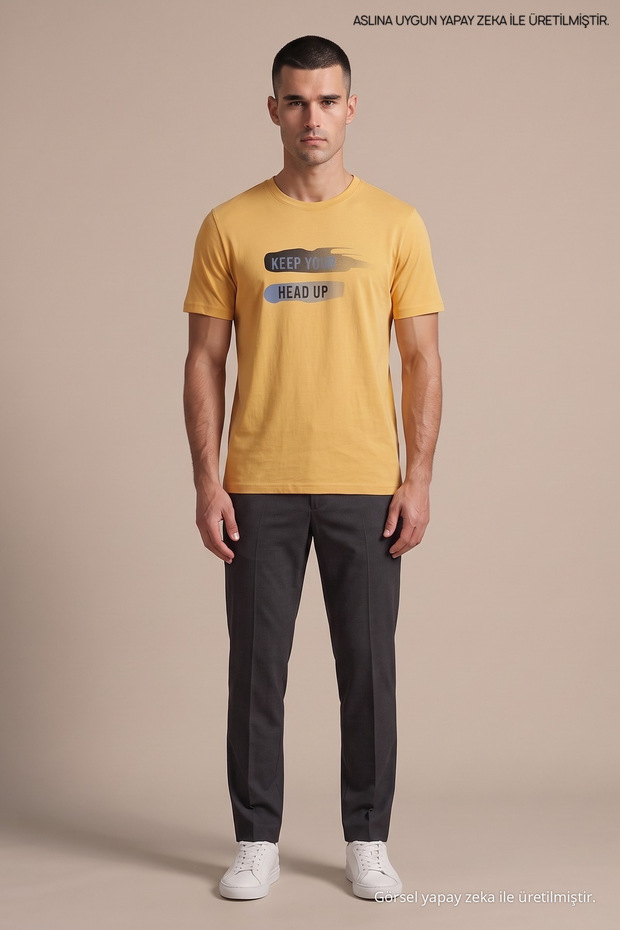 Yellow Men's Keep Your Head up Printed Crew Neck Loose Fit T-Shirt