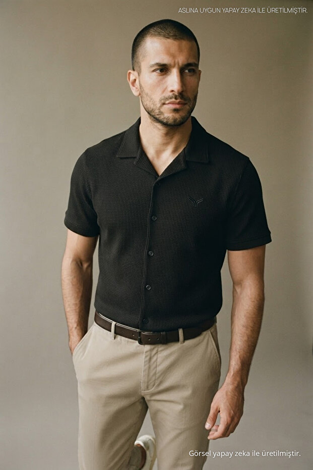 Men's Casual Jacquard Summer Black Short Sleeve Shirt